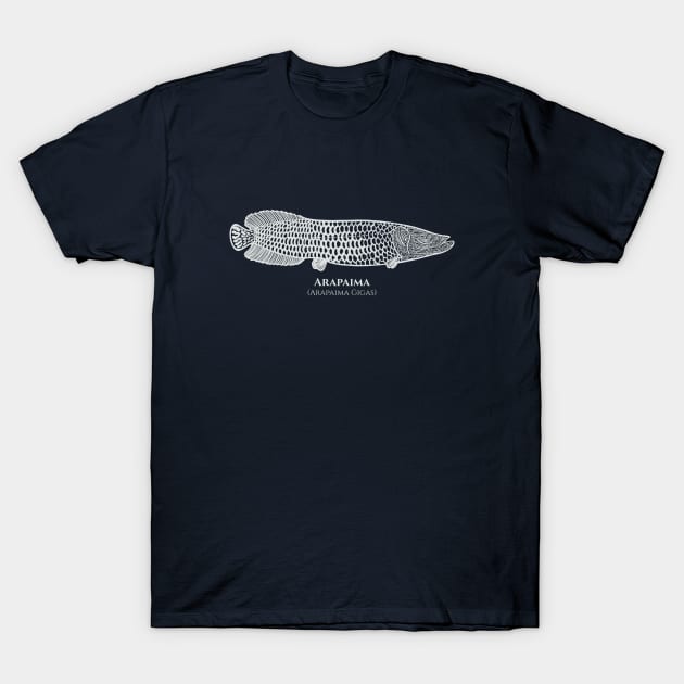 Arapaima with Common and Latin Names - fish design on navy blue T-Shirt by Green Paladin